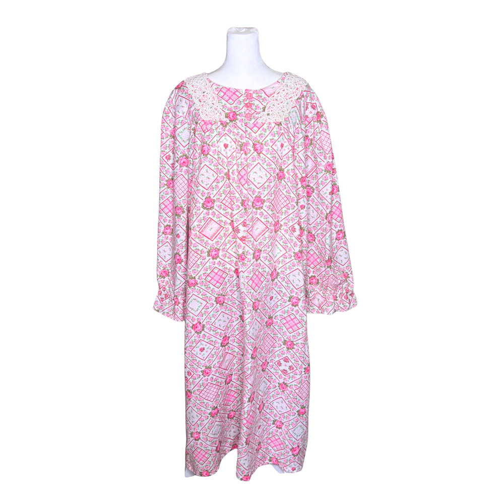 Vtg Pink Floral Maxi Nightgown Dress Lace Cottagecore Coquette Romantic Feminine